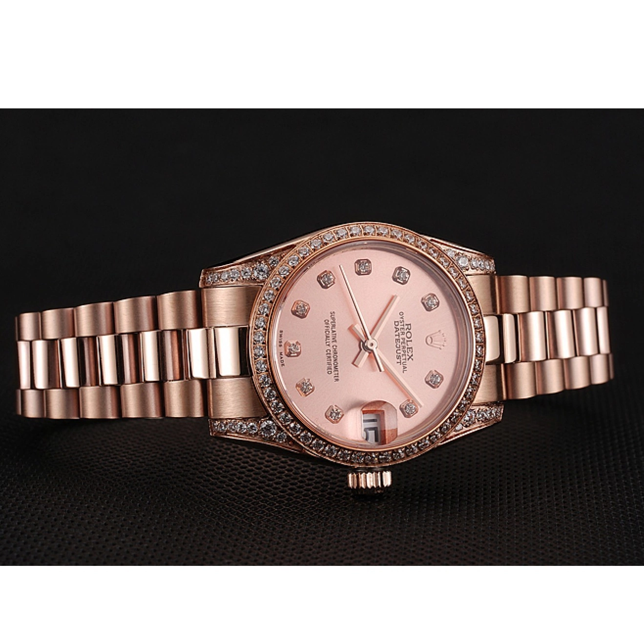 AAA replica watch Diamond DateJust Gold Rose 1453977 Rose Swiss Case Rolex Dial Gold Bracelet 0724